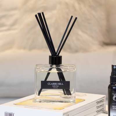 A photo of a vanilla musk reed diffuser from Clarri Hill, handcrafted with premium natural ingredients for a long-lasting and luxurious home fragrance experience